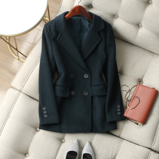 外套冬 复古墨绿色双排扣绵羊毛西装 CHAO级显白 气质撩人塑形修身