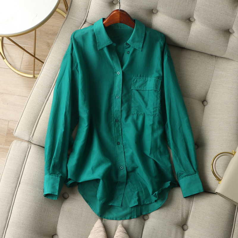 利落职场  显白森绿色丝棉廓形显瘦单口袋纯色翻领长袖衬衫女春秋