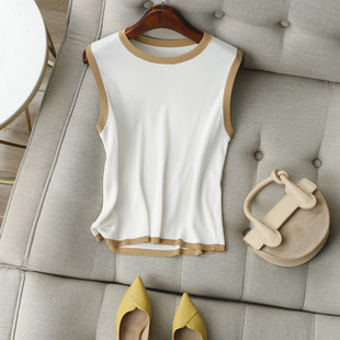 春夏刚需B入款~时髦撞色镶边圆领宽肩无袖冰丝针织背心吊带打底衫