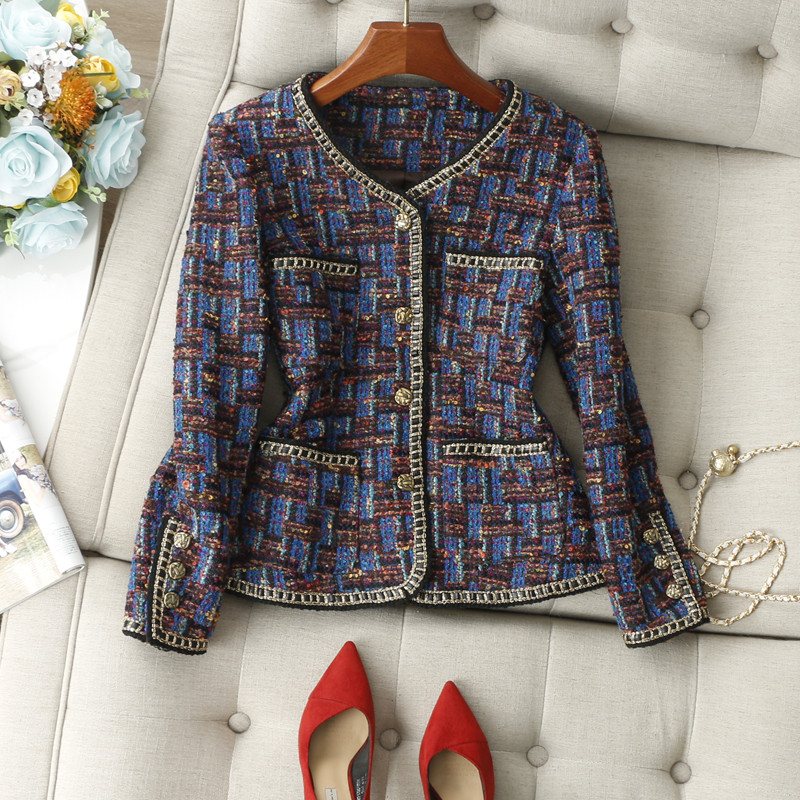 衣橱美C位~艺术感配色手工皮链编织金扣彩色花纱粗花呢小香外套