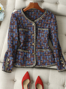 衣橱美C位~艺术感配色手工皮链编织金扣彩色花纱粗花呢小香外套