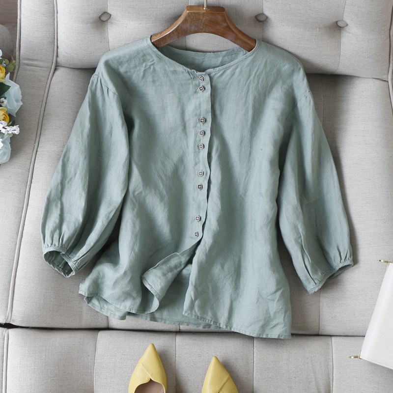 轻松呼吸感~圆领落肩袖小宽松显瘦肌理亚麻七分袖衬衫上衣女春夏