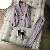 套装 9分烟管裤 女 外套 气场全开～高ji色气质双排扣薄垫肩休闲西装