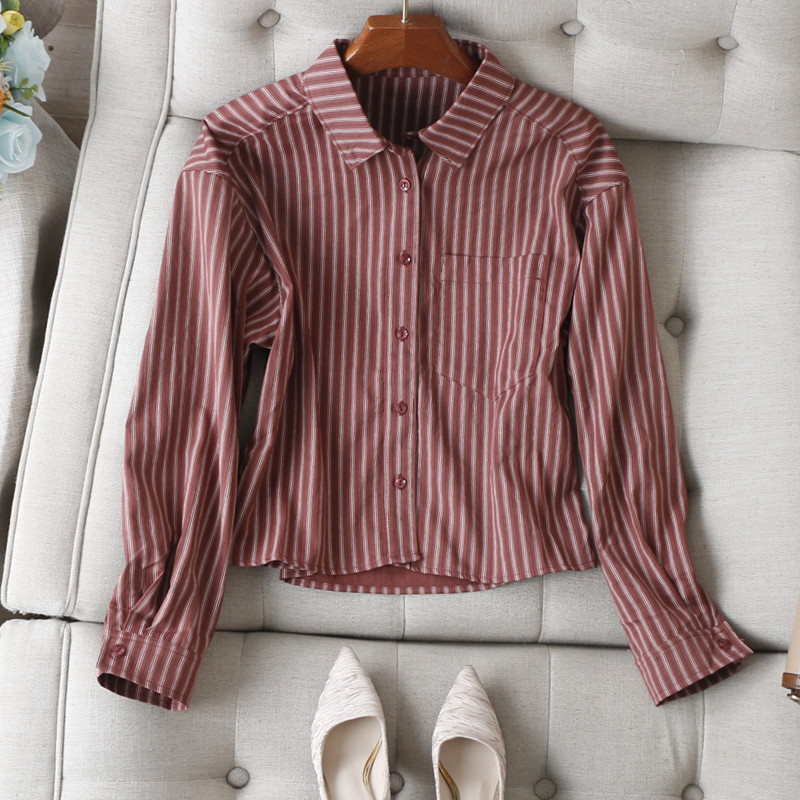 条纹翻领长袖口袋侧腰纽扣衬衫女