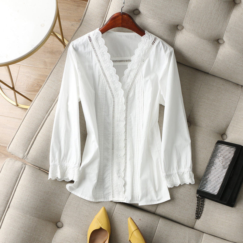 清新微甜气质~重工刺绣勾花镂空V领暗扣门襟七分袖棉质白色衬衫女
