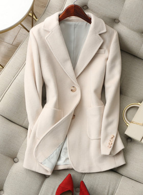 温柔感暴击！高JI感称肤象牙米色两粒扣加厚修身羊毛呢西装外套冬
