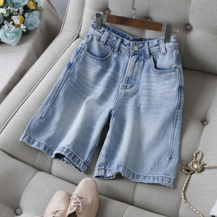 轻复古 女夏 休闲百搭水洗蓝高腰显瘦A字磨破设计阔腿牛仔五分短裤