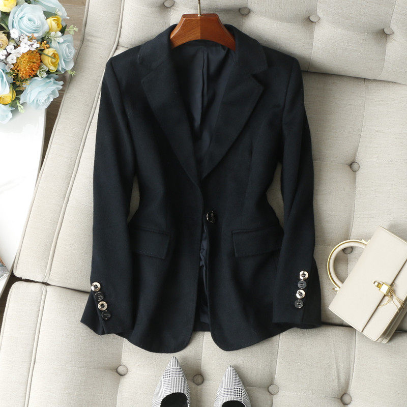 深藏青修身绵羊毛呢西装外套女