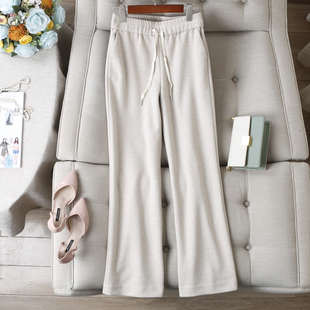 秋冬BI入 复古人字纹松紧腰系带精纺羊毛醋酸加厚磨毛直筒阔腿裤