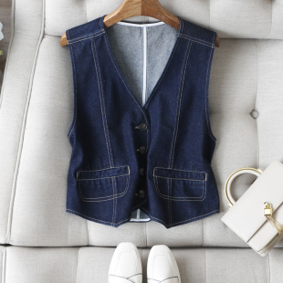 Get潮流造型 纯棉显瘦叠穿牛仔马甲秋 休闲百搭明线V领单排扣无袖