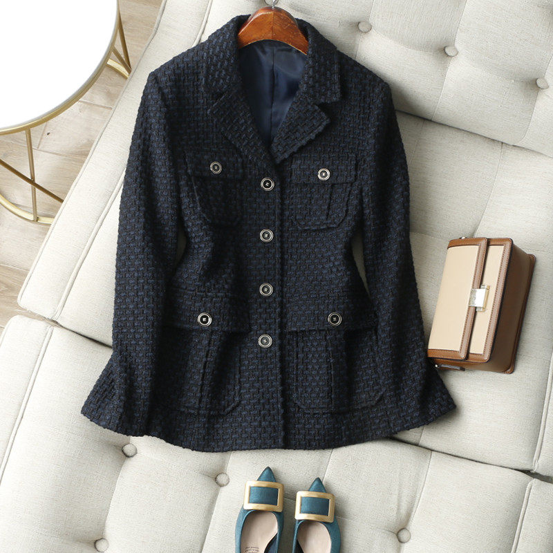 助你气场全开！别致工艺长袖单排扣中长含羊毛编织西装外套女春秋,女装/女士精品,毛呢外套,淘宝优惠券,粉丝福利购,淘宝优惠卷