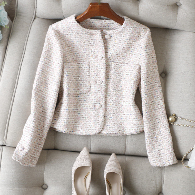 亮片亮丝圆领粗花呢小香风外套女