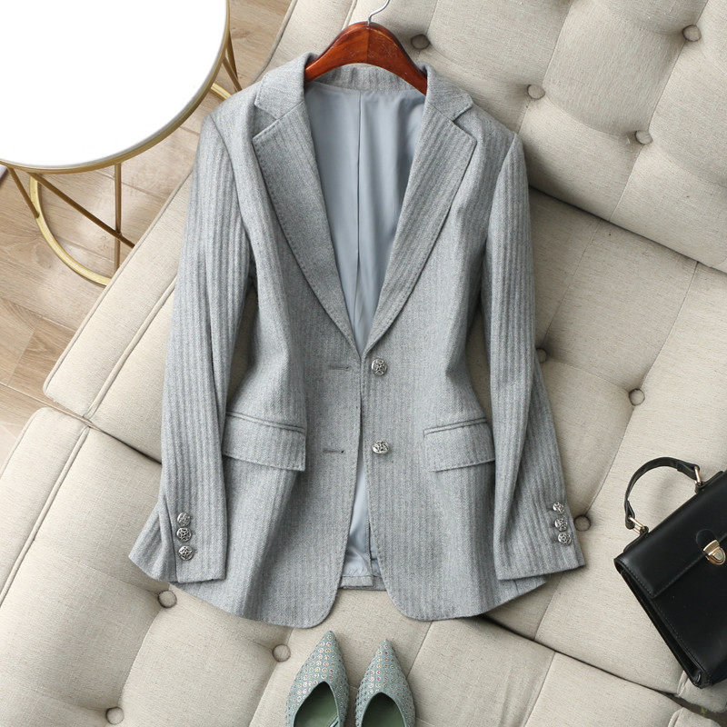 灰色修身条纹薄羊毛呢西装外套春