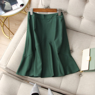 鱼尾毛呢半身裙半裙鱼尾裙秋冬新款 惊艳效果 A版 敲好看 墨绿色