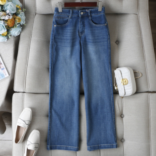 百搭好穿 女秋 高街休闲风双侧缝蓝色显瘦高腰弹性直筒显瘦牛仔裤