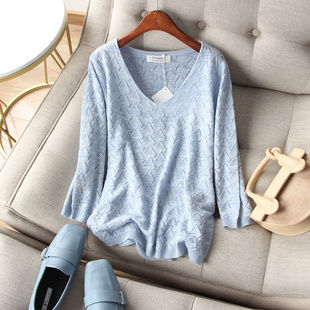 轻盈优雅 薄款 微镂空几何格纹V领七分袖 套头衫 夏 针织衫 空灵唯美