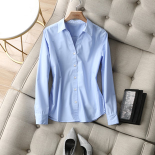 落落大方~舒适竹纤维莫代尔面料V形小翻领长袖显瘦纯色衬衫上衣女