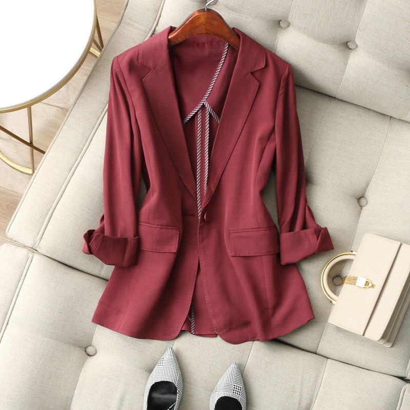 七分可翻边袖酒红色棉麻西装女夏