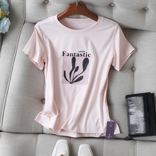 索罗娜弹性棉T恤夏女 胶印印花圆领短袖 休闲气息 街拍范植绒工艺
