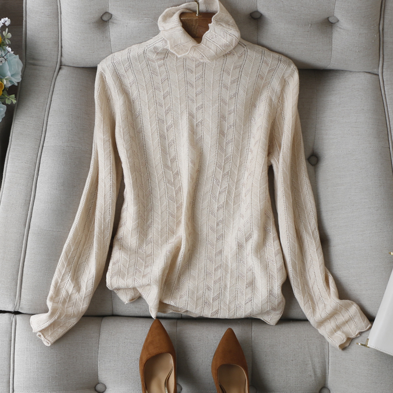 淡人美学~镂空挑洞烫钻全羊毛自由堆堆高领直筒显瘦针织衫打底秋