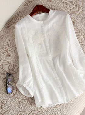 2025春夏款文艺时髦~精工枝叶刺绣立领七分袖亮丝亚麻衬衫上衣女