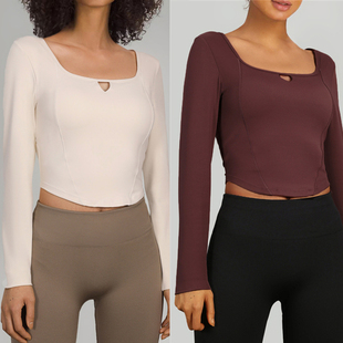 鱼骨线裸感方领长袖短款修身显瘦带胸垫紧身女士健身衣上衣瑜伽服