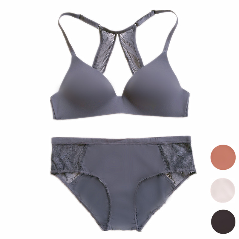 欧D性感美背拼接蕾丝柔软光面无痕女士无钢圈内衣文胸套装含内裤