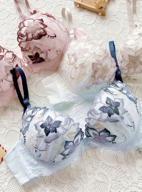 重工奢华大花朵刺绣少女圆盘浅杯GHI大杯女士钢圈薄杯文胸内衣