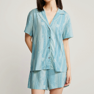 简约时尚晕染薄款西装领可外穿休闲夏季女士短袖短裤家居服套装