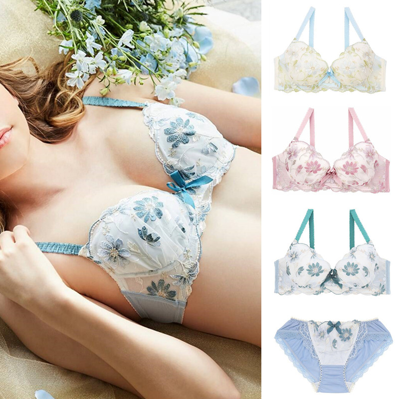 risa日单日系精工花朵刺绣甜美可爱少女士薄钢圈聚拢文胸套装ef杯