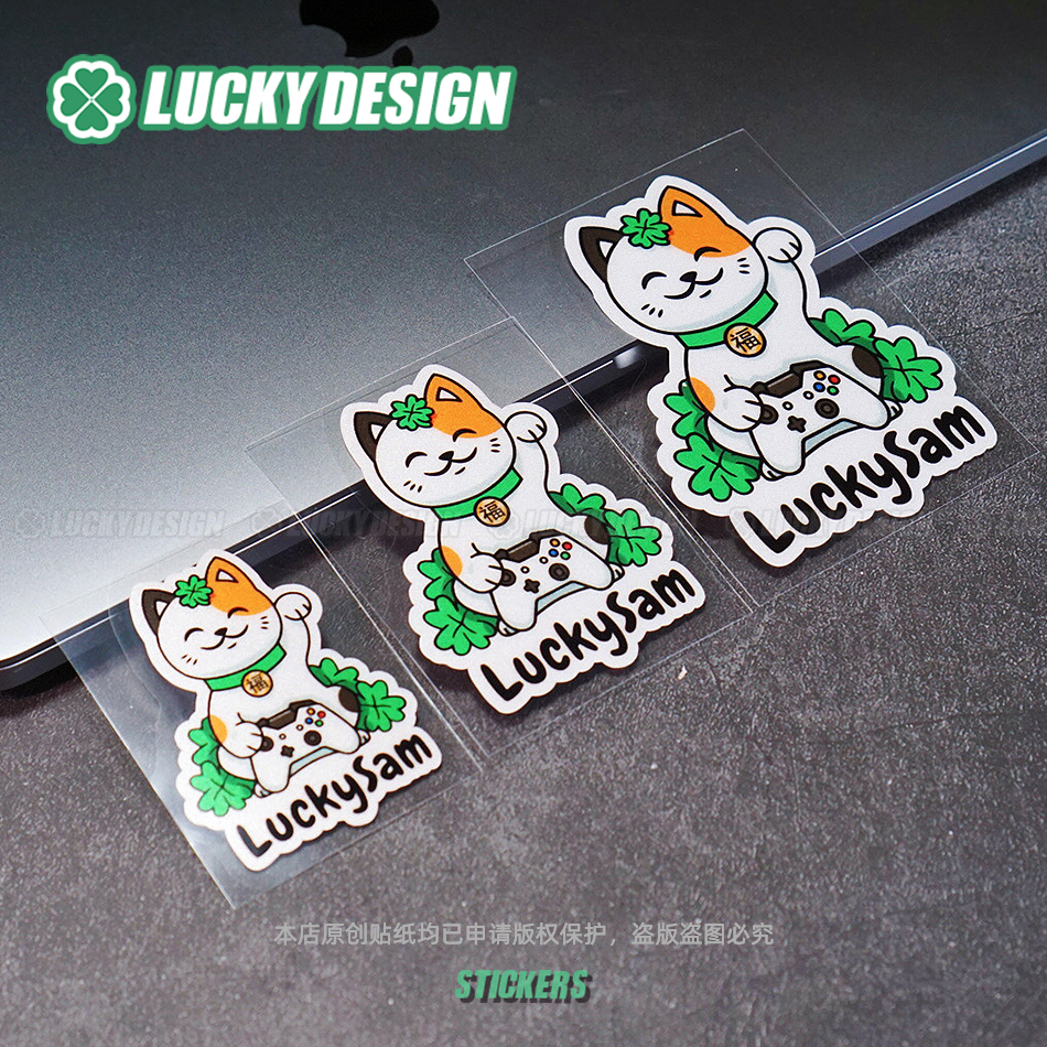 lucky良运车贴 招财幸运猫运气上升反光摩托电动车头盔装饰贴纸