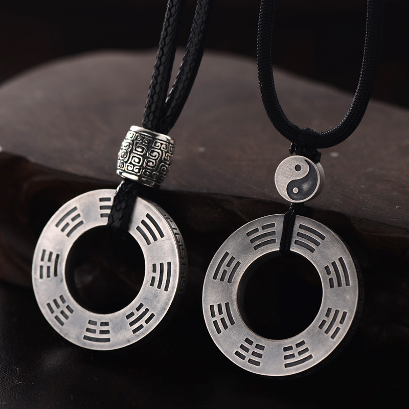 999足银太极八卦平安扣吊坠男女复古纯银项链环形护身符上尊男饰