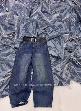 欧洲站2025秋冬新款高腰直筒宽松加厚绒蓝色牛仔裤阔腿裤25970