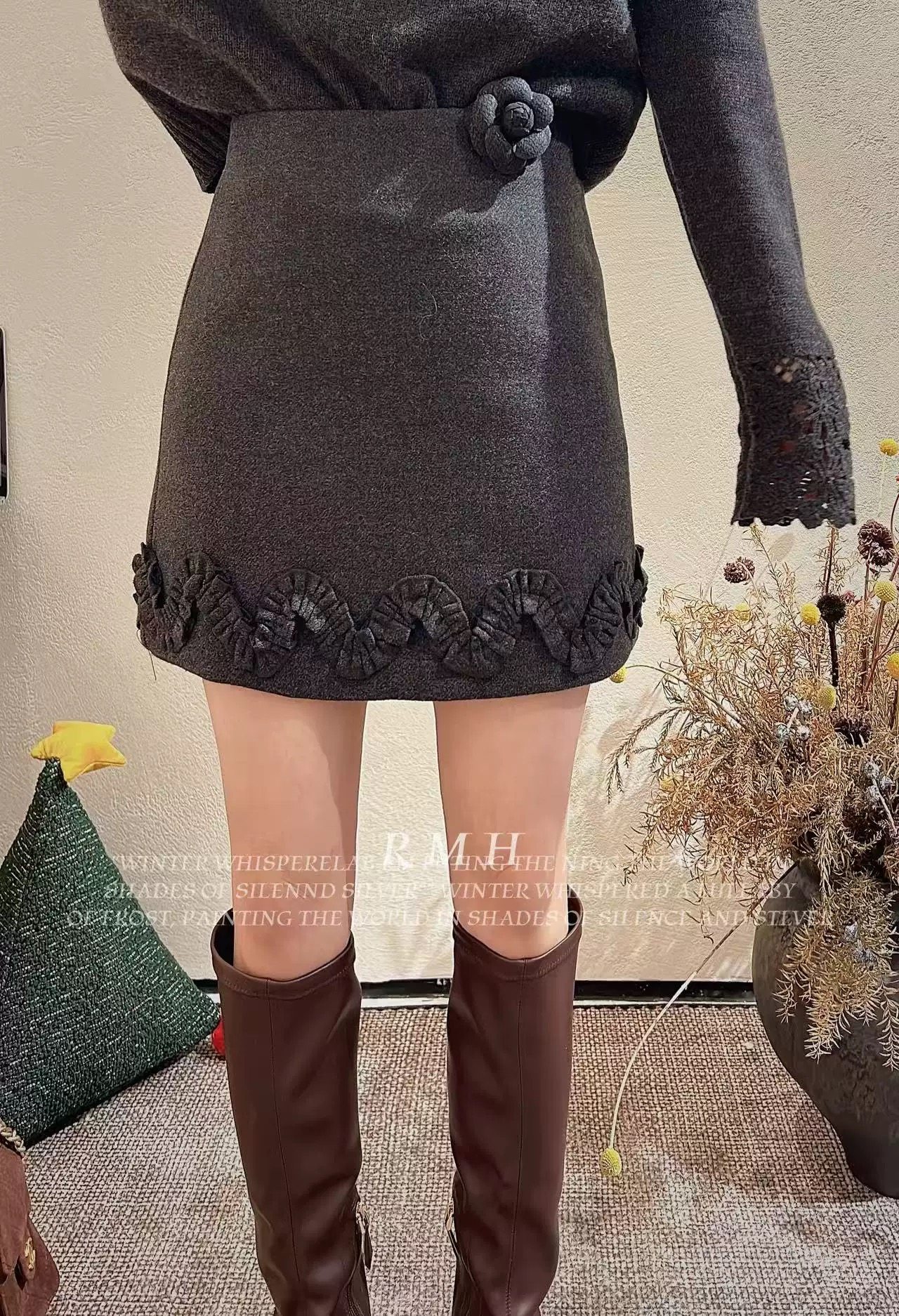 欧洲站2025秋冬新款蕾丝花边拼接羊毛呢半身裙短裙女25825