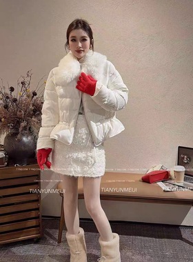 欧洲站2025冬季新款卷毛羊毛领短款醋酸丝绒鹅绒羽绒服外套51586