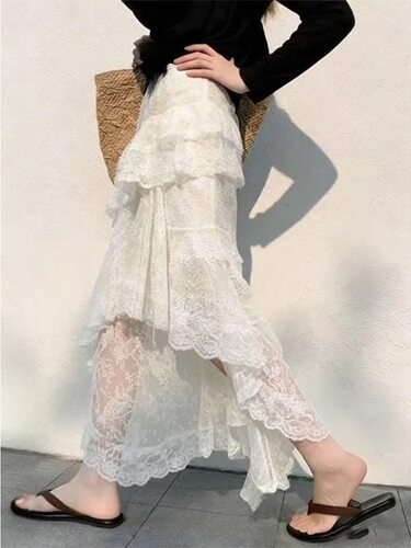 欧货高端定制米色蕾丝大码半身裙女2026春夏新款轻奢不规则A字裙