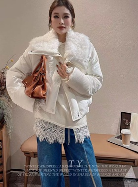 欧洲站2025秋冬新款时尚翻领大毛领短款丝绒鹅绒羽绒服外套51199