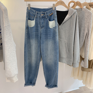 口袋拼接浅色水洗宽松长裤 洛洛拉 韩版 女秋新款 子 高腰哈伦牛仔裤