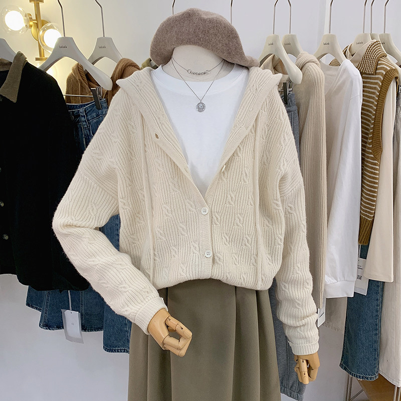 洛洛拉 纯色羊毛百搭连帽开衫外套女2025秋季新款宽松麻花针织衫