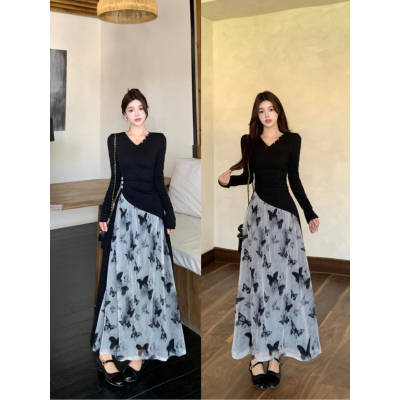 实拍 法式黑色长袖蝴蝶碎花连衣裙女秋冬巨好看假两件针织裙子