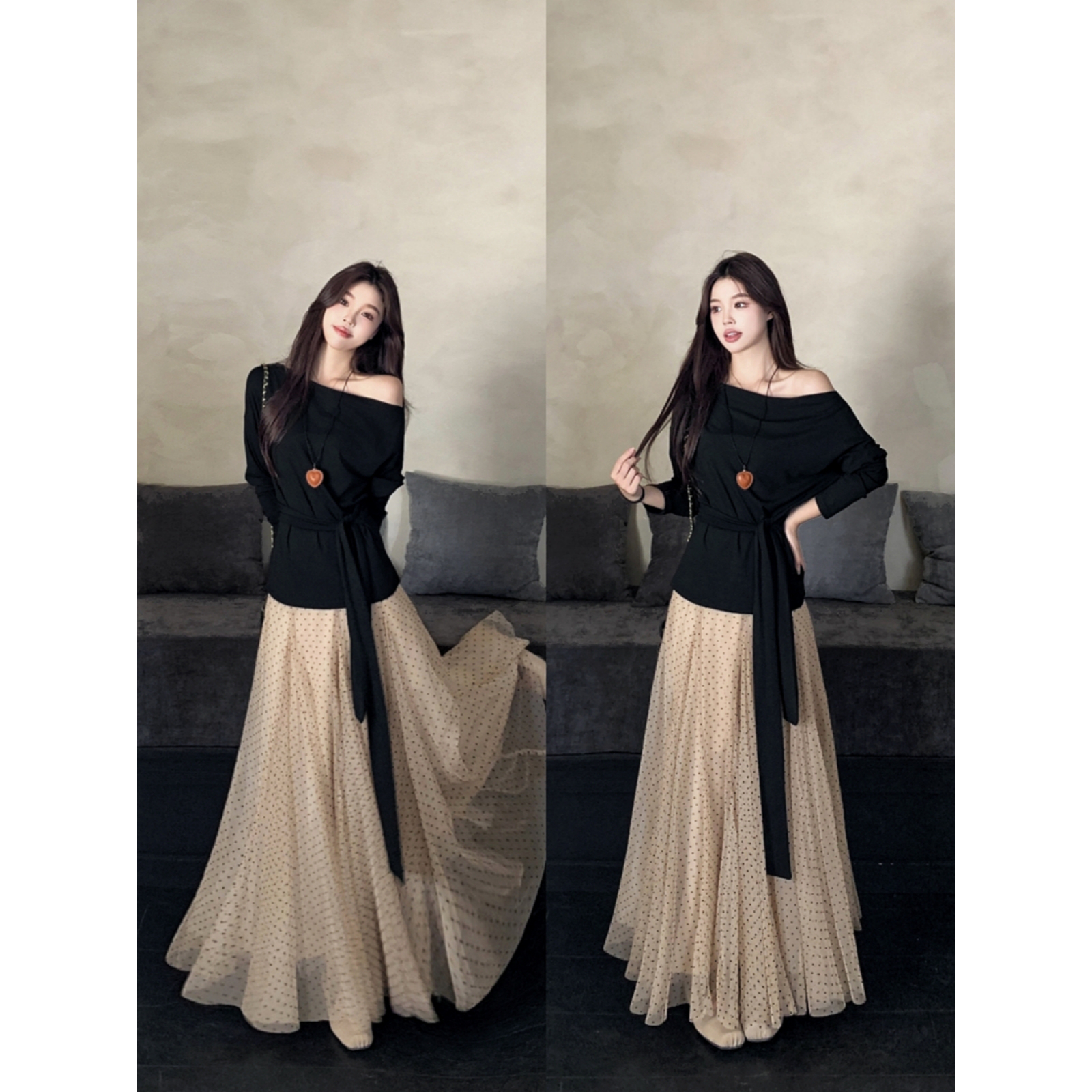 实拍 法式植绒波点百褶网纱半身裙斜肩一字肩多种穿法气质套装