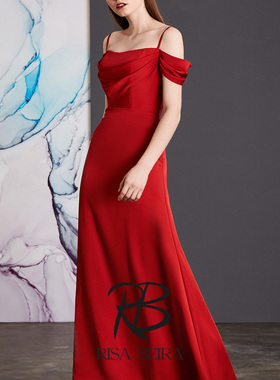 RISA折扣限量《思慕》人气红色高端软缎面一字肩吊带修身长晚礼服