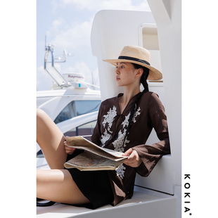 KOKIA现货 明星同款朦胧骨感十字麻纱手缝车骨蕾丝花朵喇叭袖衬衫