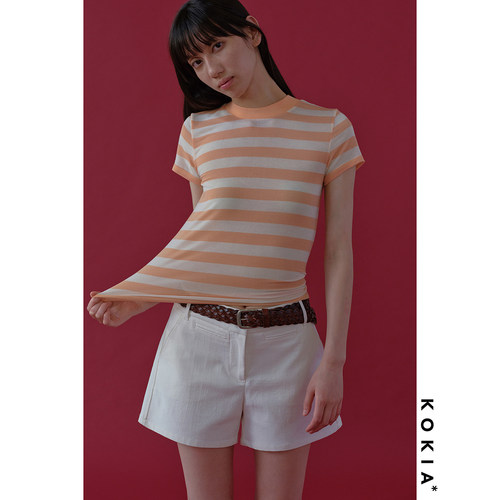 KOKIA现货轻盈弹力天丝宽螺纹圆领蜜桃橘条纹修身显瘦正肩短袖T恤