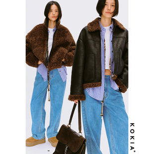 KOKIA现货 一衣两穿做旧爆裂纹工艺环保皮毛一体重工泰迪暖绒外套