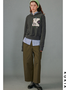 KOKIA现货 砂洗做旧 Pigens hus重工绣花 雪花灰加绒短款帽衫卫衣