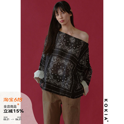 KOKIA现货 Paisley定位印花 船领斜肩两穿袖口可翻折宽松上衣罩衫