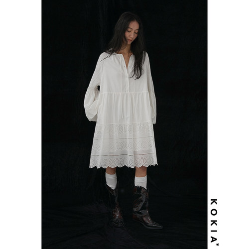 KOKIA马德拉刺绣灯笼袖连衣裙