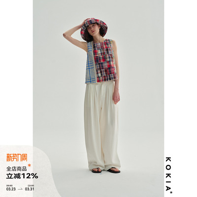 KOKIA 蕾丝撞色纯手工拼接百家布Madras匠人补丁 圆领无袖上衣