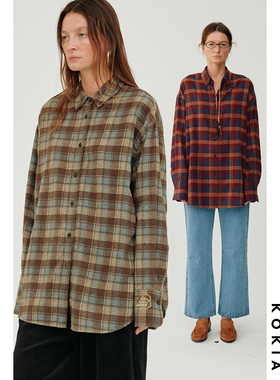 KOKIA现货 明星同款软糯磨毛City Plaid格纹廓形刺绣衬衫两色